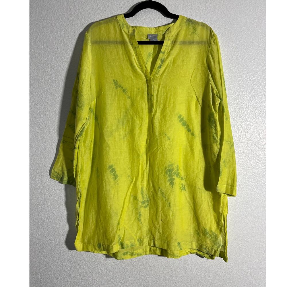 Chico's Size L (2) Cotton Silk Blend Yellow-Green Tie Dye Popover Tunic Top